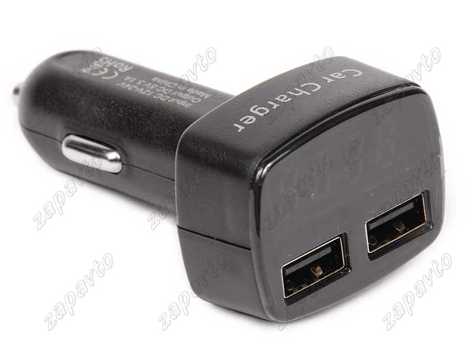Устройство зарядное для USB автомобильного прикуривателя с вольтметром, 2 порта